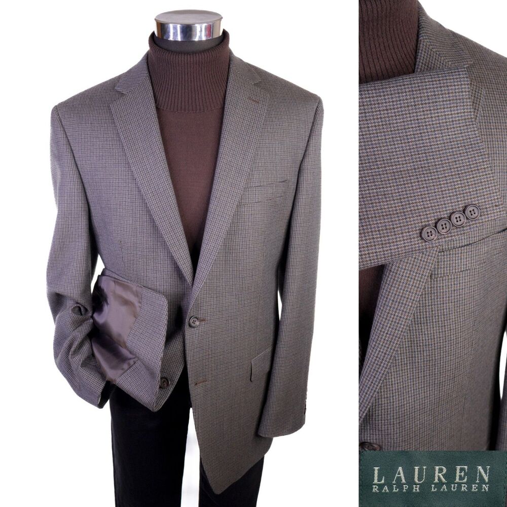 Ralph Lauren Blazer 44L Sport Coat Wool Houndstooth Brown 2-Button Jacket